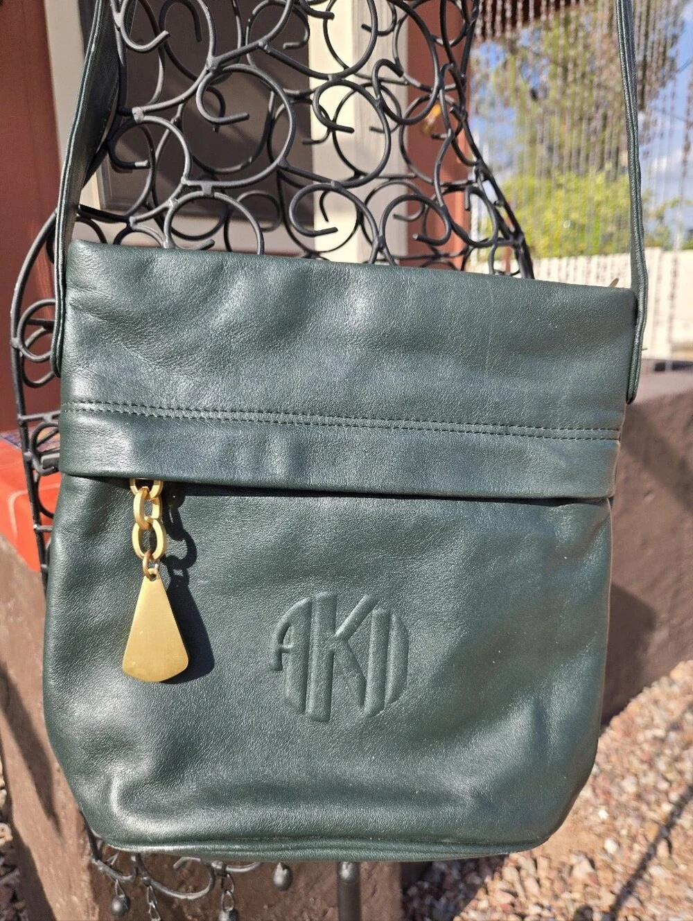 Vintage Anne Klein Dark Green Leather Crossbody Bag with Gold Accent